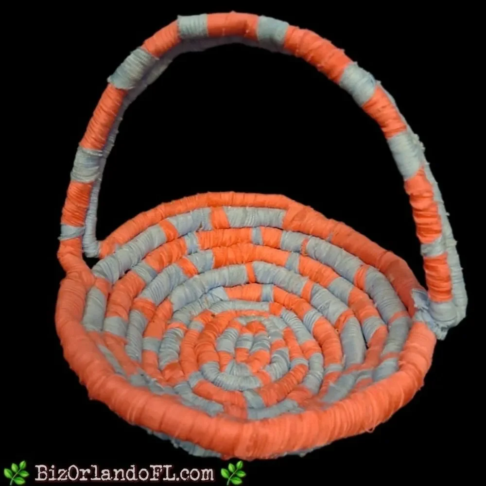 VINTAGE: Set of 2 Matching Nested Coiled Rope Basket in Coral & Blue Colors RARE
